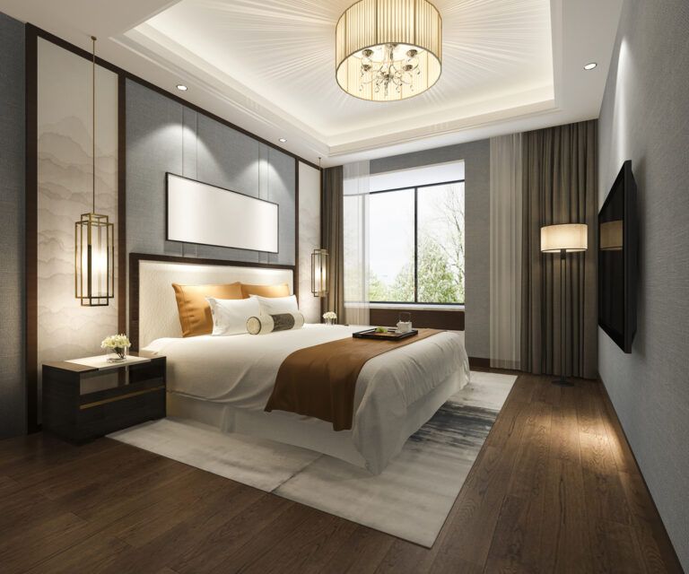 3d rendering beautiful luxury bedroom suite in hotel with tv